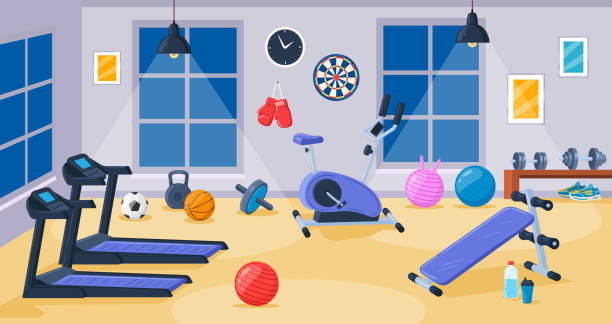 Cartoon gym interior room with sport fitness equipment. Sport elements, fitness room interior vector illustration. Dumbbells, treadmill and exercise bike Cartoon gym interior room with sport fitness equipment. Sport elements, fitness room interior vector illustration. Dumbbells, treadmill and exercise bike. Activity gym with window treadmill stock illustrations