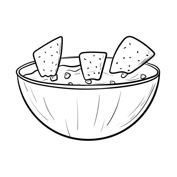 ilustraciones, imágenes clip art, dibujos animados e iconos de stock de ilustración vectorial de garabatos de comida mexicana picante. salsa de guacamole con nachos fritos aislados sobre blanco. - guacamole bowl mexican culture drawing