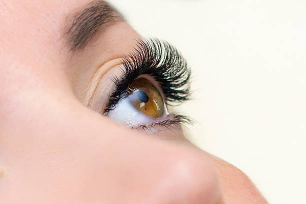 istock Eyelash extension procedure. Woman eye with long eyelashes. 1387237665