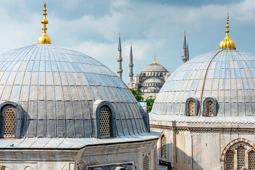 Seeing the Blue Mosque from Sofia Cathedral, Istanbul, Turkey