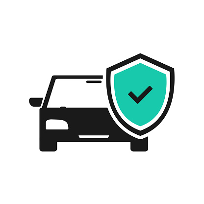 Car with shield checkmark icon. Car insurance coverage protection. Vector illustration