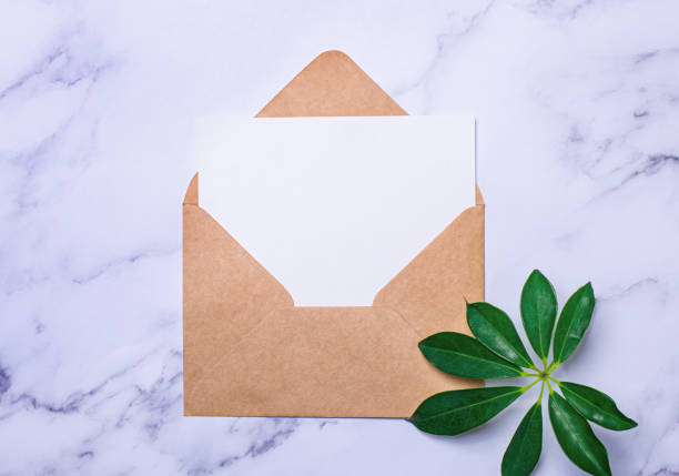 istock On a light marble background there is a craft envelope, a sheet of sheflera and a white sheet of paper with a place to insert text. Copy space 1387244424