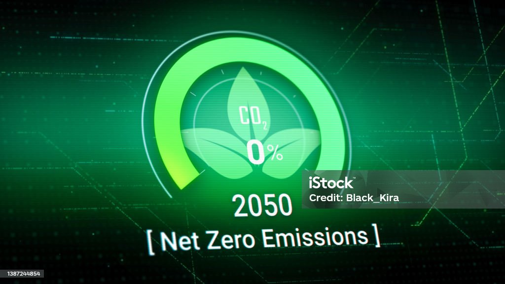 3D Digital dashboard of CO2 level gauge percentage drop down to 0. Net Zero Emissions by 2050 policy animation concept illustration, green renewable energy technology for clean future environment Climate Change Stock Photo