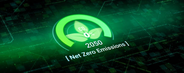 3d digital dashboard of co2 level gauge percentage drop down to 0. net zero emissions by 2050 policy animation concept illustration, green renewable energy technology for clean future environment - medidor co2 render imagens e fotografias de stock