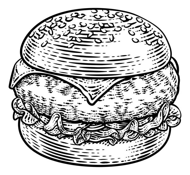 ilustraciones, imágenes clip art, dibujos animados e iconos de stock de hamburguesa hamburguesa vintage xilografía ilustración - sesame black seed white background