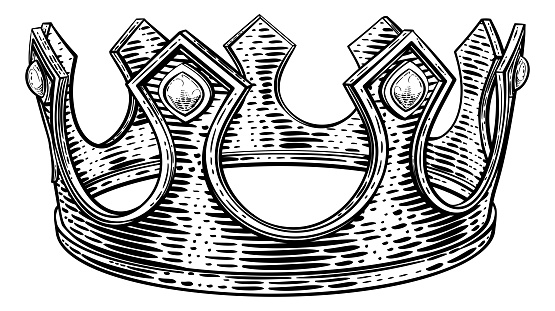A royal kings crown in a vintage retro woodcut style illustration