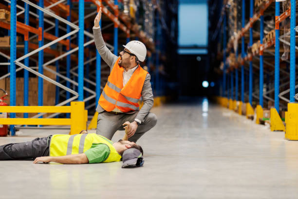 Manager yelling for help and measuring pulse on injured storage worker. Boss shouting for first aid and measuring heart beat on injured warehouse worker. first aid class stock pictures, royalty-free photos & images