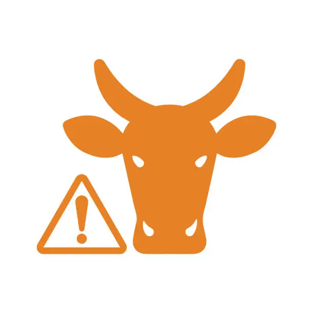Vector illustration of Agriculture, alert, cow warning icon. Orange color variant.