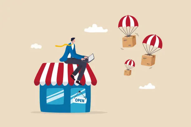 Vector illustration of Dropshipping business model by open e-commerce website store and let supplier ship product directly to customer concept, businessman using computer with delivery drop ship package flying parachute.