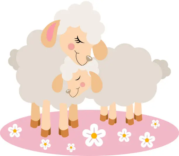 Vector illustration of Cute mother lamb sheep with her little son