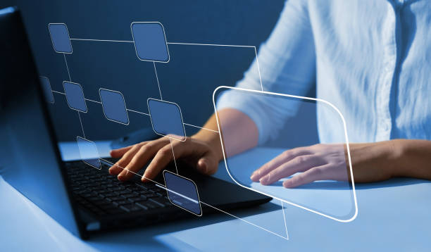istock Scheme of hierarchy management of corporate and processing management. Business process and workflow automation with flowchart. 1387250167