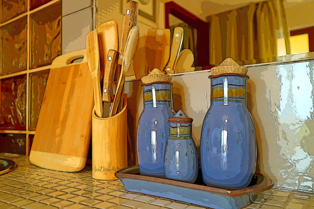 Kitchen counter with seasoning bottles and utensils