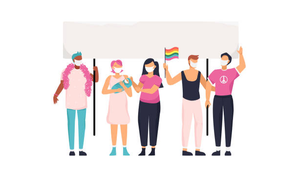 lgbt-aktivisten in gesichtsmasken protestieren bei einem treffen gegen die beschränkung während einer coronavirus-pandemie - pride lgbtqi veranstaltung stock-grafiken, -clipart, -cartoons und -symbole