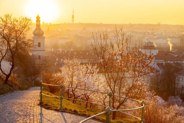 Petrin hill at sunrise, Lesser town, Prague, Czech republic stock photo