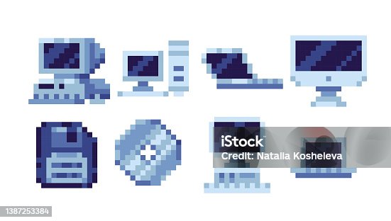 istock Computers and laptops pixel art set. Vintage devices, monitors, pc   collection. 1387253384