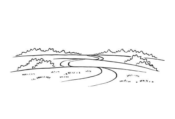 Vector illustration of Rural landscape with road and tree. Hand drawn illustration converted to vector.