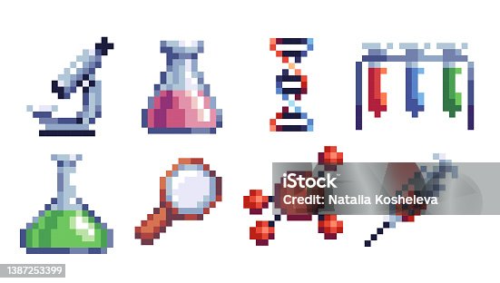 istock Science laboratory pixel art set. Biology, chemistry, and physic icons collection. 1387253399