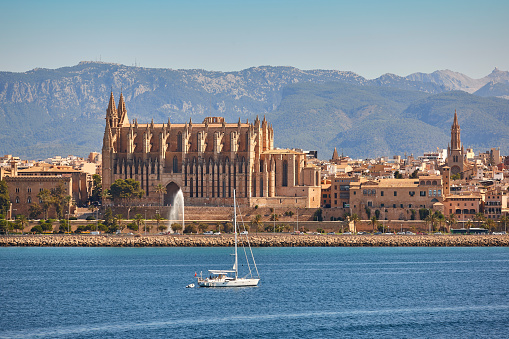 Palma de Mallorca gothic cathedral and mediterranean sea. Balearic islands