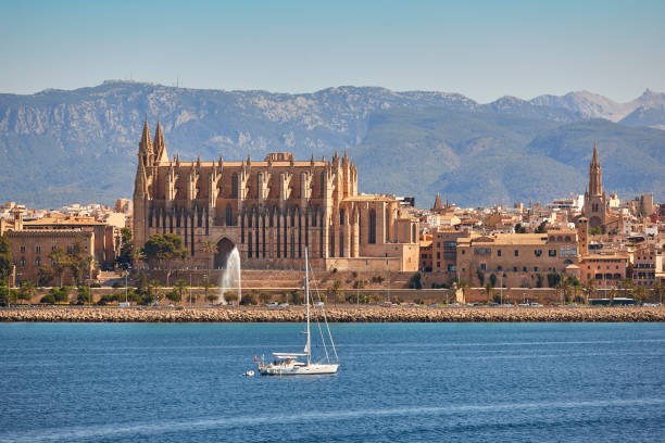 Palma de Mallorca gothic cathedral and mediterranean sea. Spanish tourism stock photo