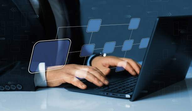 istock Scheme of hierarchy management of corporate and processing management. Business processing and automation workflow  with flowchart.  Implement and improve business. 1387254790