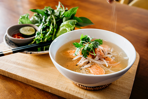 Salmon Pho Vietnamese Noodles Soup Bowl Stock Photo
Rice Noodles Soup with Salmon