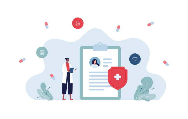 Healthcare concept. Vector flat character illustration. African female doctor with patient medical record card isolated on white background. Medicine pills, shield protection symbol. Healthcare concept. Vector flat character illustration. African female doctor with patient medical record card isolated on white background. Medicine pills, shield protection symbol. cartoon of medical records stock illustrations