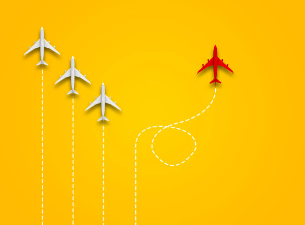 Leadership or different concept with white airplane path and route line on orange background. Digital craft in education or travel concept.