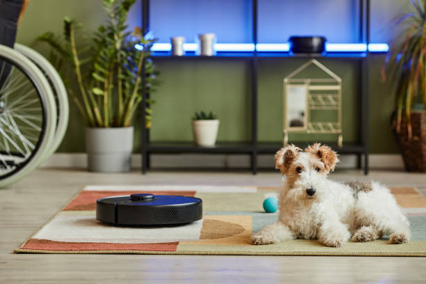 Cute Dog with Robot Vacuum Cleaner