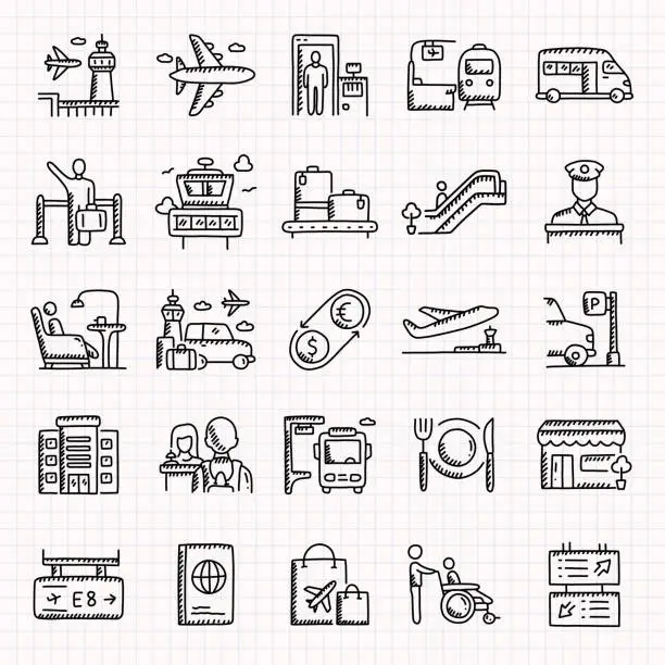 Vector illustration of Airport Elements Hand Drawn Icons Set, Doodle Style Vector Illustration