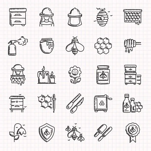 Vector illustration of Apiary Hand Drawn Icons Set, Doodle Style Vector Illustration