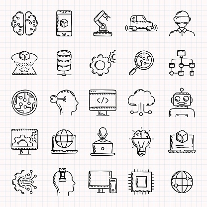 Artificial Intelligence Hand Drawn Icons Set, Doodle Style Vector Illustration
