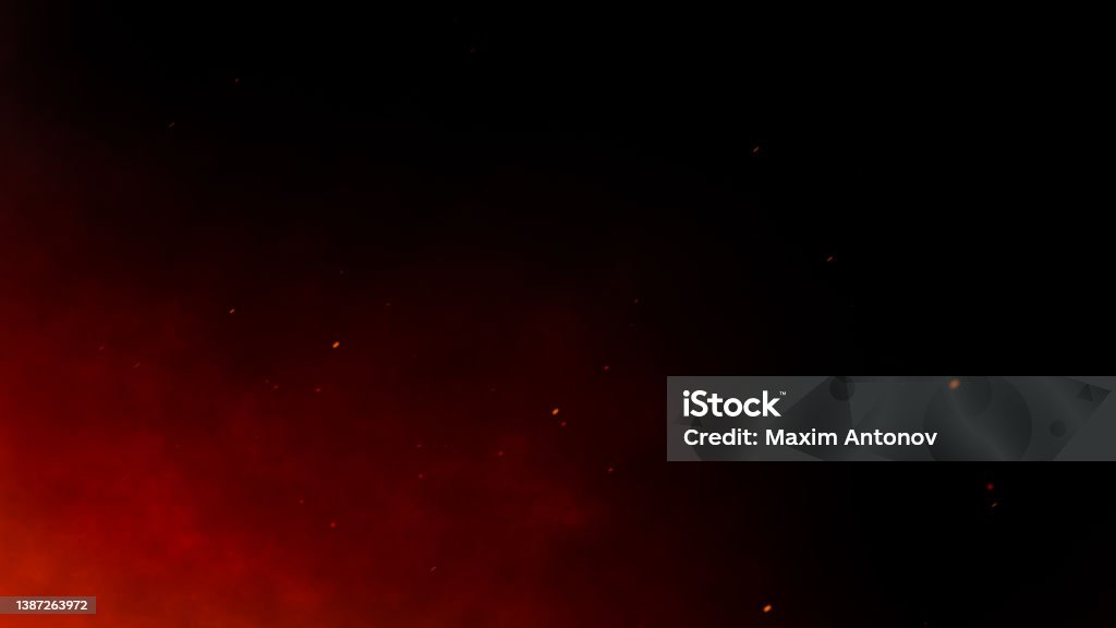 Smoke, flying up sparks and fire particles on dark background Smoke - Physical Structure Stock Photo