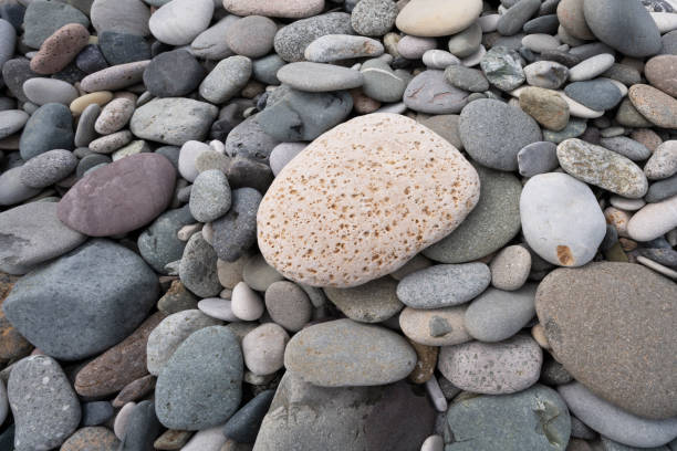 Marine naturally rounded gravel, pebbles. Nature white Background Texture.Close-up.Isolate