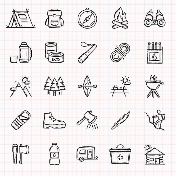 Camping and Outdoor Recreation Hand Drawn Icons Set, Doodle Style Vector Illustration Camping and Outdoor Recreation Hand Drawn Icons Set, Doodle Style Vector Illustration adventure drawings stock illustrations