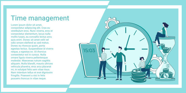 Time management Time management.Deadline and time control.People on the background of a watch and a smartphone are engaged in time planning.An illustration in the style of a green landing page. eficacia stock illustrations