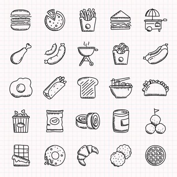 zestaw ręcznie rysowanych ikon fast food, ilustracja wektorowa w stylu doodle - burger hamburger cheeseburger fast food stock illustrations