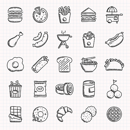Fast Food Hand Drawn Icons Set, Doodle Style Vector Illustration