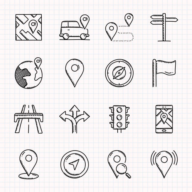 Navigation and Map Hand Drawn Icons Set, Doodle Style Vector Illustration Navigation and Map Hand Drawn Icons Set, Doodle Style Vector Illustration geographical locations travel tourism cartography stock illustrations