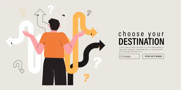 Vector illustration of Business decision making, career path, work direction or choose the right way to success concept, confusing woman or student looking at crossroad sign with question mark and think which way to go.