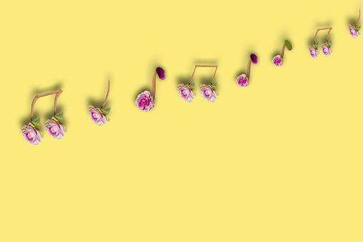 music notes creatively combined from flowers, creative music art design, creative concept and yellow background as copy space
