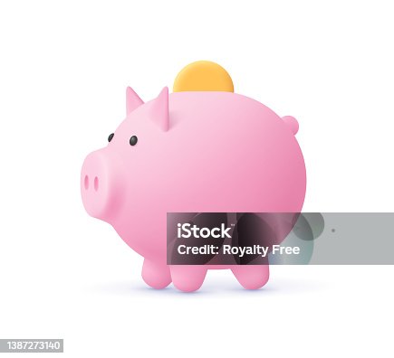 istock Piggy bank with coin. Money saving, banking, finance, economy, investment concept. 3d vector icon. Cartoon minimal style. 1387273140