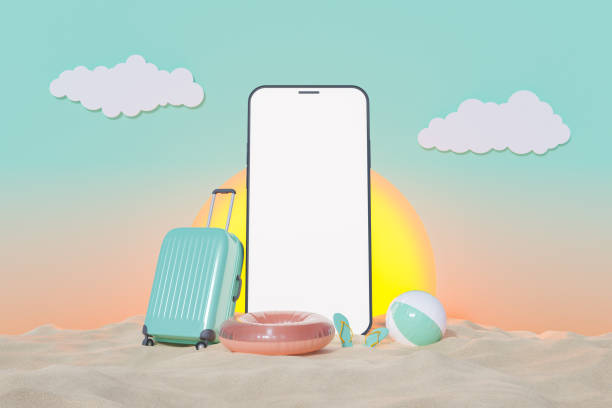 가방과 해변 액세서리와 휴대 전화의 모형 - movil phone 뉴스 사진 이미지