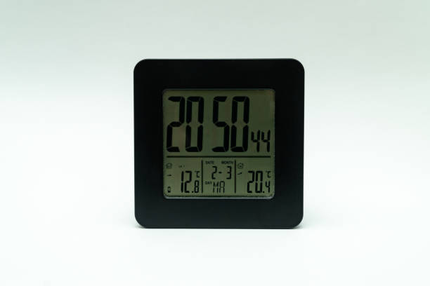 istock Black alarm clock, with weather station isolated on a white background 1387274242