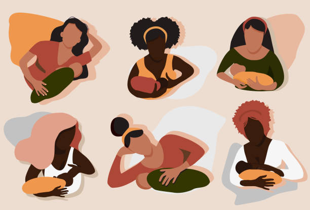 ilustrações de stock, clip art, desenhos animados e ícones de breastfeeding illustration in mid century style.young women different ethnicities with child. - africana gravida