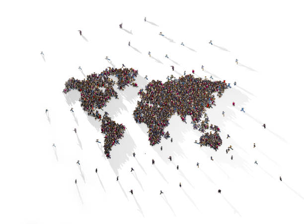 Large group of people forming a world map stock photo