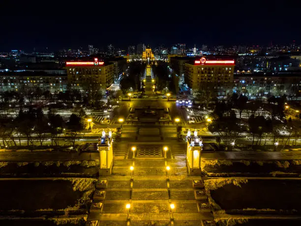The embankment of Volgograd, central staircase, Avenue of Heroes, night, aerial view