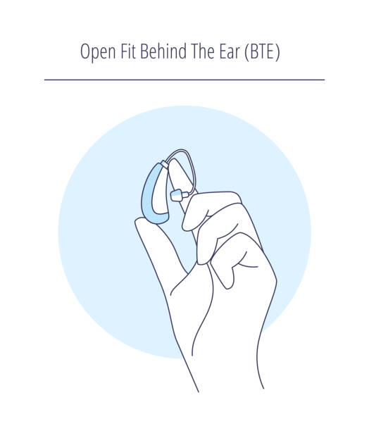 聴覚障害者のための白い背景に隔離された補聴器。オープンフィット耳の後ろに、bte。ベクターフラットイラスト。 - hearing aid点のイラスト素材／クリップアート素材／マンガ素材／アイコン素材