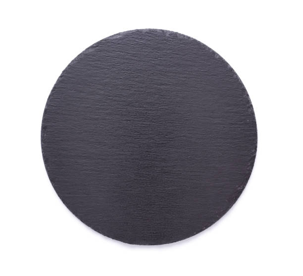 istock Slate stone pizza cutting board isolated at white background 1387276087