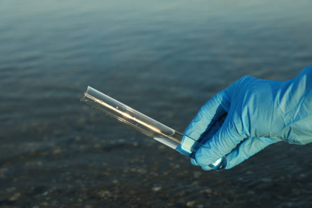 istock Scientist with test tube taking sample from river for analysis, closeup 1387282109