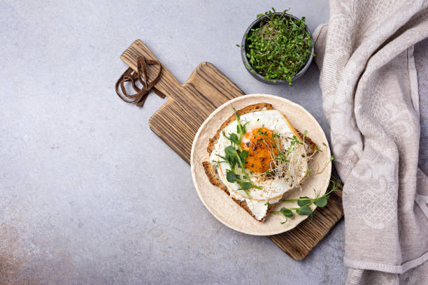 istock Sandwich with fried egg, toast, avocado, alfalfa and green pea sprouts microgreen 1387283001